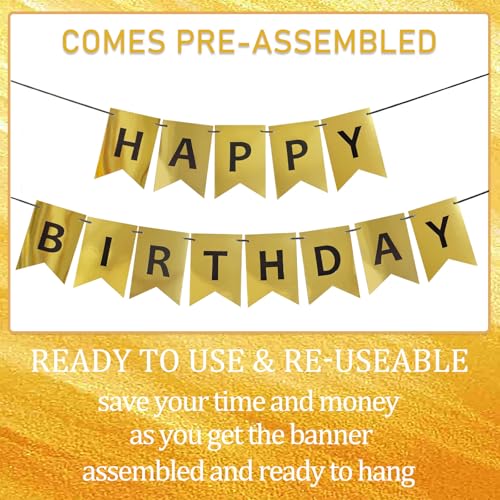 Image of Gold Happy Birthday Banner,Pre-Strung Gold and Black Birthday Party Decorations,16ft Hanging Sign for Kids, Girls, Boys, Women - No DIY, Backdrop Supplies