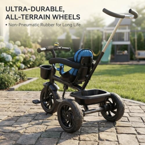 Image of JoyRide Learn-to-Ride Trike on 3 Wheels with Safety Harness, Non-Slip Pedal,Storage Basket and Removable Parent Handle (Dark Blue)