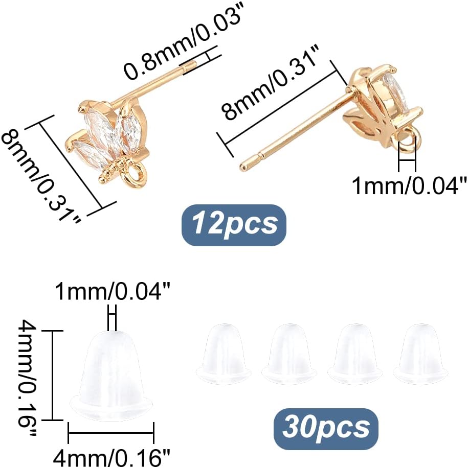 DICOSMETIC 12Pcs Flower Earrings Findings 18K Gold Plated Cubic Zirconia Stud With Loops, Rhinestone Posts, Brass Studs With Ear Nuts for DIY Jewelry Making, Pin: 0.8mm - Image 2