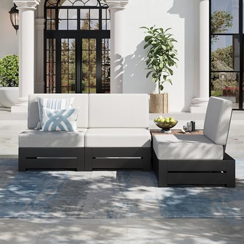 SUNSHINE VALLEY Upgraded 4 Piece Metal Patio Sectional Furniture Set with 5.9" Thick Cushion, Outdoor Furniture Conversation Set with Coffee Table, Patio Modular L Shape Sofa for Backyard Deck Outside