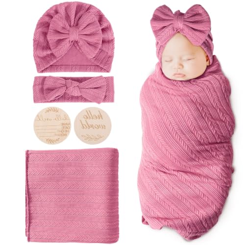 Image of AQOKKA Newborn Receiving Blanket with Bow Hat Headband Wooden Card Set Wheat-Pattern Newborns Toddler Baby Boy Girl Nursery Swaddle Wrap