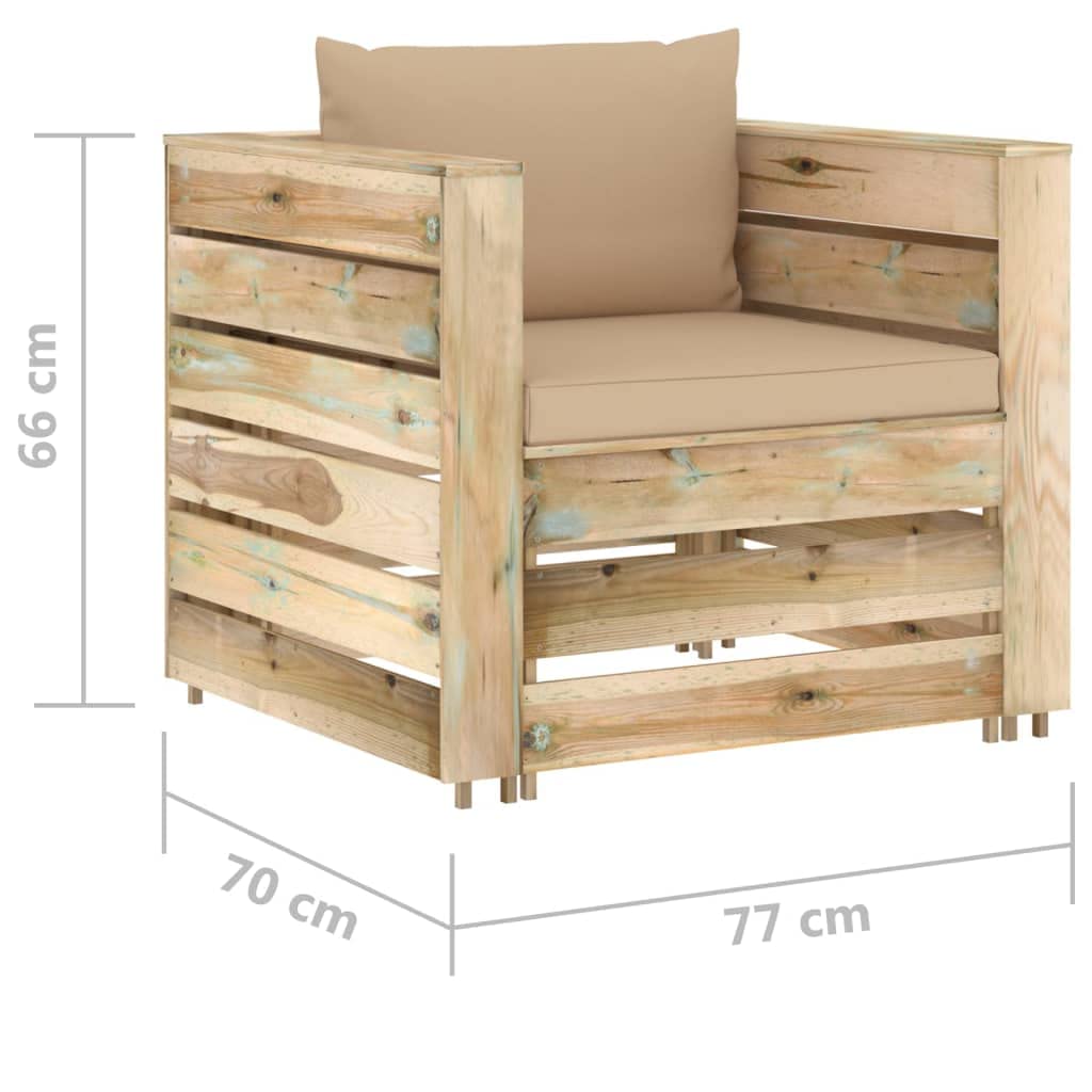 Salon de Jardin 2 pièces en Bois de pin imprégné Vert avec Coussins Beige modulable encastrable pour terrasse Patio Balcon Repas détente extérieur