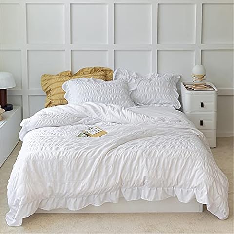SOUKECHY White Ruffled Bedding-3 Pieces Queen Seersucker Duvet Cover Cover