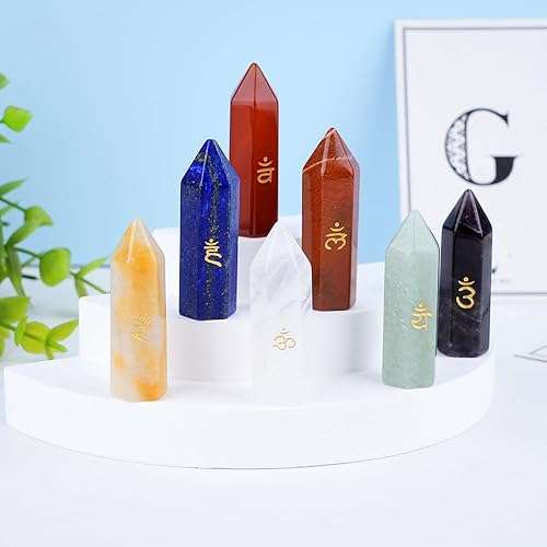 Miniatura 4 de 7 piedras de cristal de torre de chakras, piedras preciosas naturales de reiki curativas con símbolo de chakra grabado, kit de piedras de chakra