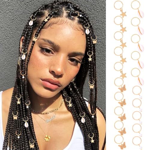 Formery Butterfly Hair Jewelry Braids Gold Star Braid Charms Pearl Shell African Loc Accessories for Women (20pcs)