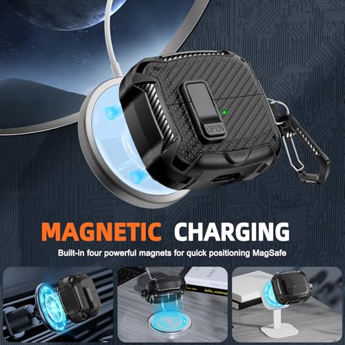 Image of Safety Lock Case for Samsung Galaxy Buds3 FE /Pro /3 (Black) | Compatible with MagSafe, Carbon fibre texture Design,with Phone Stand& Cleaning kit,Keychain,