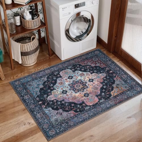 Image of Tangsoo Vintage 2x3 Washable Rugs for Entryway, Non Slip Small Rug Blue