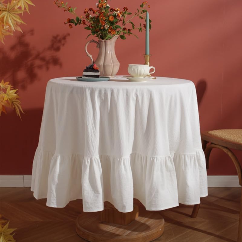 HAIRUO Cotton Linen Table Cloths Retro Farmhouse Heavy Fabric Table Cover Pink White Washable Table Top for Parties Coffee Kitchen Picnic Round Table Cloth (White,Round, 70")