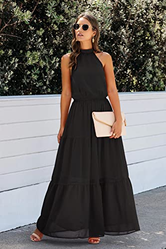 Prettygarden Women’s Casual Halter Neck Sleeveless Floral Long Maxi Dress Backless Loose Ruffle Sundress With Belt (Y-Black,Large) #TOP2