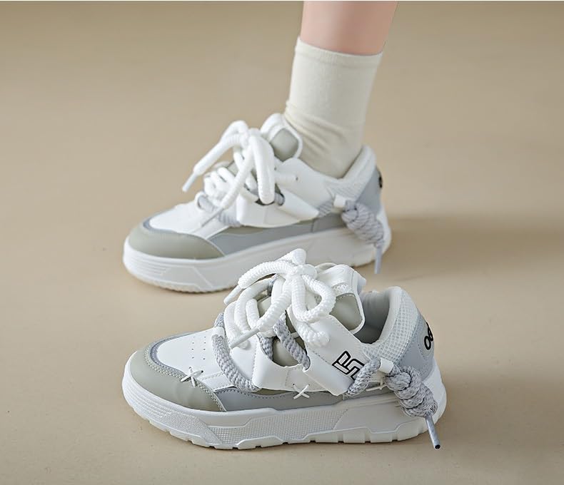 Y2K Wanderschuhe für Damen, niedliche Wanderschuhe, dicke Sohle, flache Plattform, klobig, Kawaii-Stil, GRAU, 37.5 EU