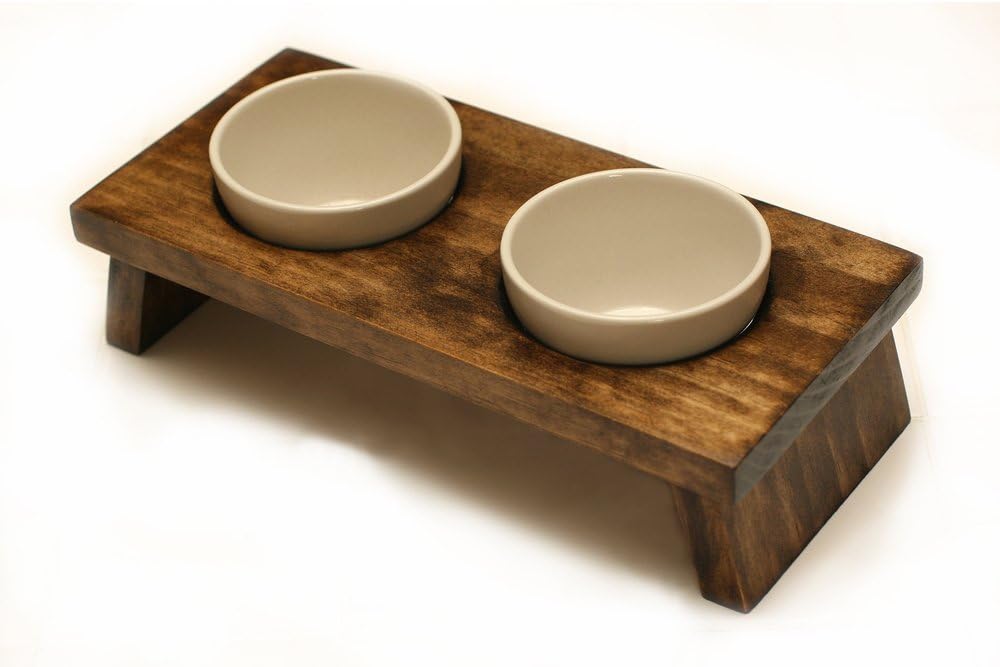 Elevated pet Feeder cat Food Bowl Set Mini Dog Feeder Walnut Designer