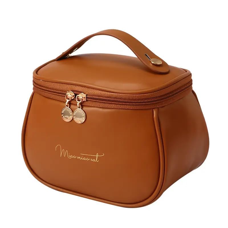 Makeup Bag Portable Cosmetic Bag Large Capacity Travel Makeup Organizer, Leather Handle and Zipper, Stylish & Waterproof Toiletry Case for Women Cosmetic Brush Case for Women Leather Bag (Brown)-image-20