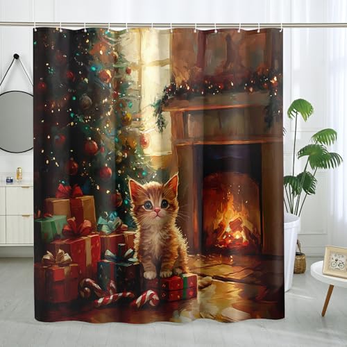 DESIHOM Christmas Cat Shower Curtain, Orange Kitty Shower Curtain for