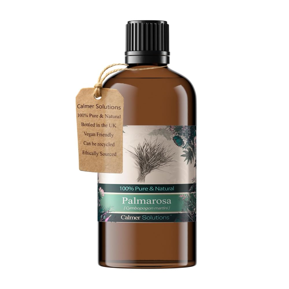Calmer Solutions Palmarosa Essential Oil 100ml – 100% Pure & Natural – Therapeutic Grade – Aromatherapy, Massage, Diffuser – Soft, Floral, Rosy Scent – Bottled in The UK