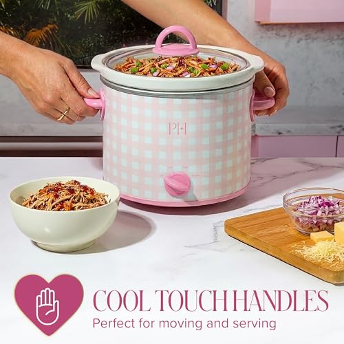 Image of Paris Hilton 3.5-Quart Manual Slow Cooker, Features Three Settings (Low, High, Warm), Naturally Nonstick and Dishwasher Safe Stoneware Insert, Family Sized Capacity, Gingham Pink