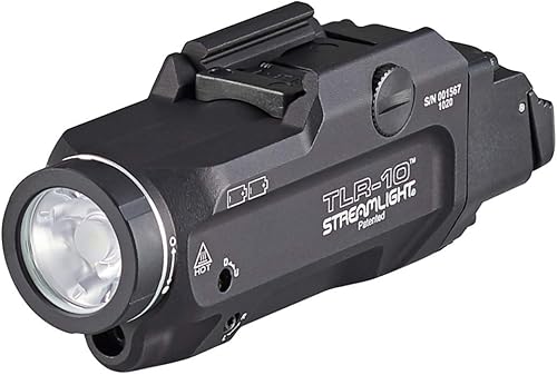 Streamlight 69470 TLR 10 Flex 1000 lúmenes de bajo perfil, luz táctica montada en riel con láser rojo, negro, caja empaquetada