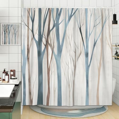 MERCHR Blue and Brown Birch Tree Shower Curtain, Beige Tan Forest Abstract Art Rustic Fabric Shower Curtains Set for Bathroom Decorative, Farmhouse Restroom Decor Accessories with Hooks 72X84 inch by MERCHR - Image 3