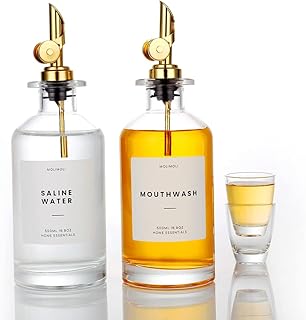 Molimoli 350ml/11.8 Oz Mouthwash Dispenser For Bathroom With Cups Reusable, Mouthwash Decanter, Mouthwash Holder, Mouthwash Bottle For Bathroom, Set of 2, Gold
