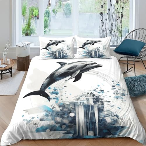 Housse couette imprimé dauphin 3D microfibre parure de lit animaux marins - 2