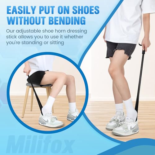 Milifox 35\" Long Dressing Stick, Extendable Shoe Horn, 2 in 1 Adjustable Extended Dressing Aid for Socks, Shirts, Pants, Sock Remover Tool for Elderly, Seniors, Disabled