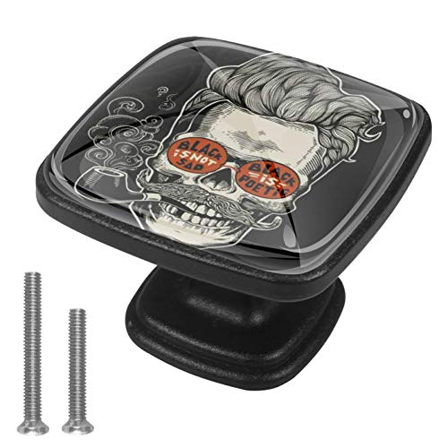 4 pomos de armario con diseño de calavera hipster con bigote, barba, pipas de tabaco y vasos, tiradores de cajón para cocina, baño, tocador, cuadrado (30 mm)