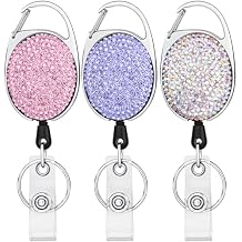 AOMIG 3PCS Retractable Badge Reel Carabiner Badge Holder, Badge Reels Retractable Heavy Duty with Bling Rhinestone Carabiner Reel Clip and Ring, Badge Holders for ID Card KeychainColor&Purple&Pink