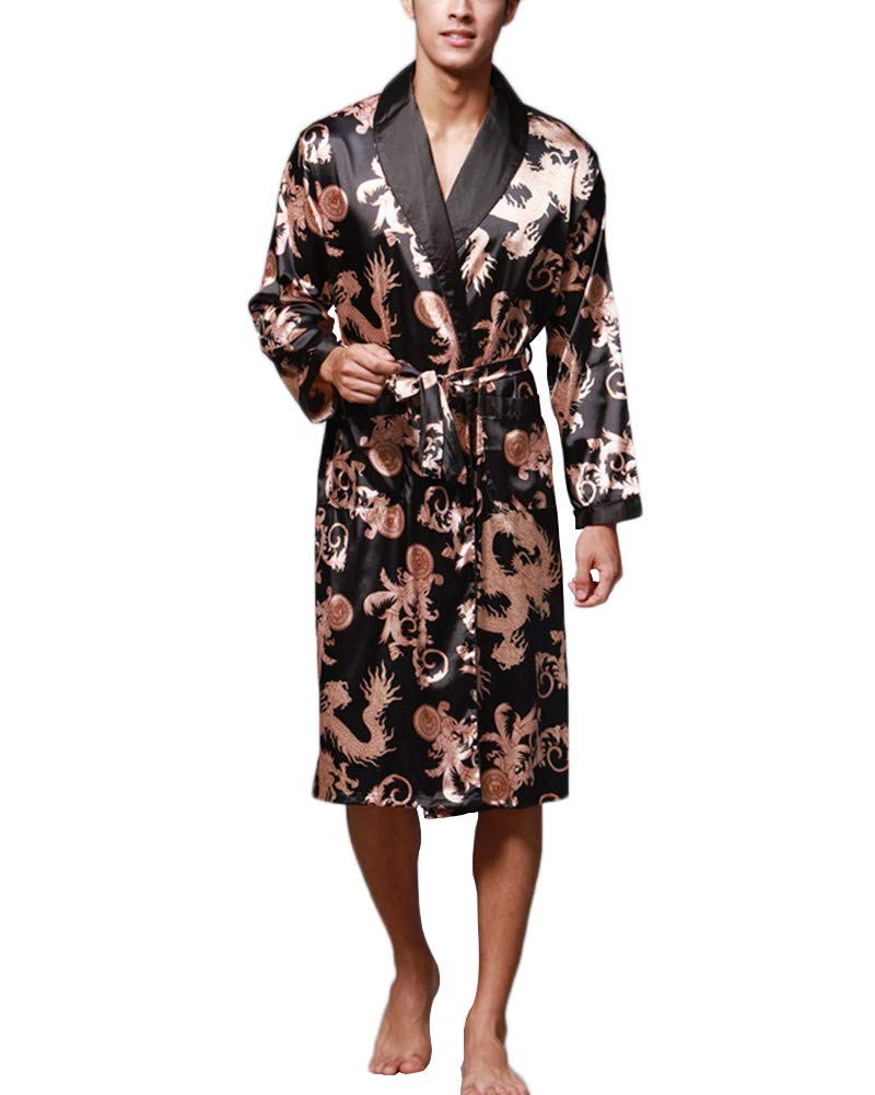 PengGengA Pijama Kimonos Albornoz para Hombre Largo Camisón Robe Batas Ropa De Dormir Satín Dragón De Impresión Seda De Imitación