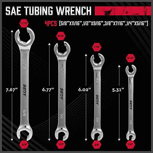 4-Piece Flare Nut Wrench Set - Sae Brake Line Wrench 1/4, 5/16, 3/8, 7/16, 1/2, 9/16, 5/8, 11/16-Inch, Professional Offset Heads, Portable Organizer Pouch Included #TOP2
