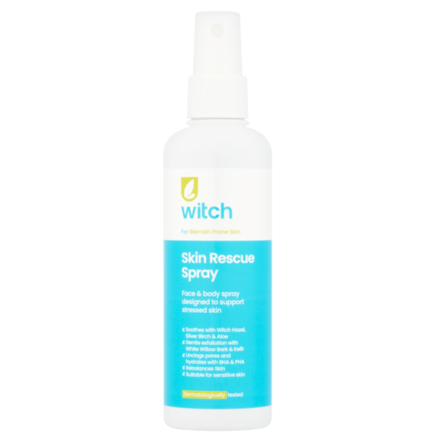 Witch Skin Rescue Spray to support stressed and blemish-prone skin. With Witch Hazel, Silver Birch and Aloe Vera. Rebalances and hydrates. 125ml
