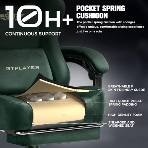 Image of GTPLAYER Big and Tall Gaming Chair 400lbs Heavy Duty Office Chair with Foot Rest, High Back Pocket Spring Ergonomic Computer Chair for Adults, Wide Comfy Seated Cushion with Linkage Armrests, Green