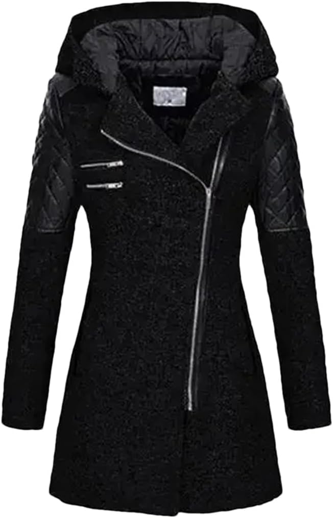 Women Hooded Insulated Parka Winter Warm Slim Jacket Thick Splice Woolen Cloth Coat