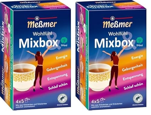Meßmer Wohlfühltee Mixbox | 20 Teebeutel | 5x Energie | 5x Geborgenheit | 5x Entspannung | 5x Schlaf schön | ein Mix aus Kräutertees der Meßmer Wohlfühlrange (Packung mit 2)