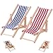 Miniatur Strand Stuhl, 2 Stück Hölzerner Mini Deko Liegestuhl | Puppenliegestuhl | Strandstuhl | Handyhalter | Miniliegestuhl | Klappstuhl, Blau-weißer Stoffsitz, ca.11x5cm