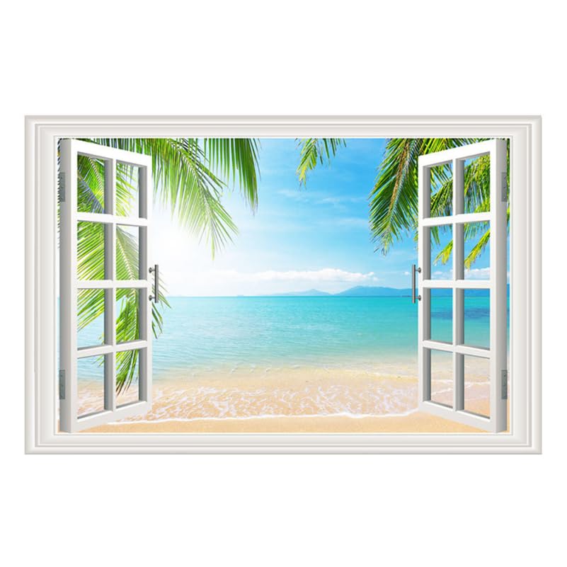 Tofficu 3D Window Wall Stickers Fake Artificial Palm Trees Decal Beach Scene for Boys and Girls Room Living Space