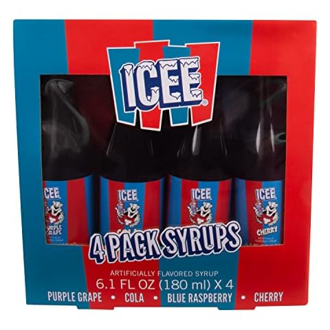 ICEE 4 Pack Slushie Syrups. Genuine ICEE Slushy syrups including Purple Grape, Cola, Blue Raspberry and Cherry Flavors. 4 x 6.1floz. Officially Licensed ICEE Merchandise from Fizz Creations. Cover