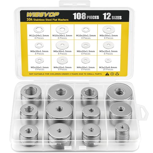 WIESVOP 108Pcs 304 Stainless Steel Flat Washers, Fender Washers Assortment Kit 12 Sizes (M3-M12) Metal Washers for Screws Bolts Large and Small Hardware for Various Home Industrial Automotive