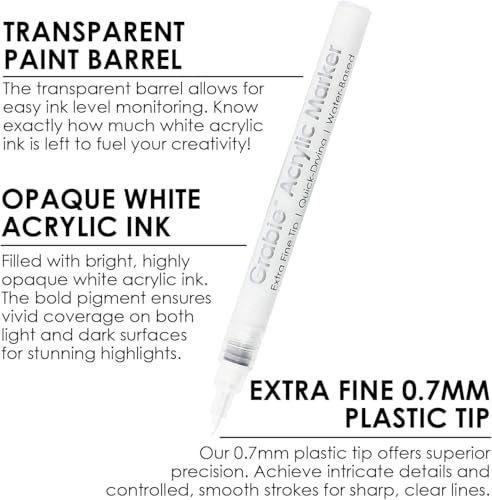 Image of Grabie Black & White Extra Fine Tip Acrylic Paint Marker Set, 6 Pack, 0.7mm Acrylic Paint Pens for Highlights and Fine Details on Drawings, Rock Painting Glass Canvas Wood, White Highlight Markers