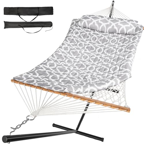 Image of Everyfun 2 Person Outdoor Hammock with Stand, Cotton Rope Hammock with Polyester Pad, Adjustable Steel Frame, Portable with Carrying Bag - for Patio, Backyard, Garden, Beach, Cloud-Gray