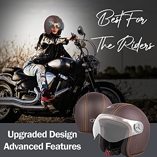 Image of O2 Star Leather Unisex Open Face Helmet with Scratch-Resistant Transparent Visor & Adjustable Strap for Bike Scooty Ride (Brown- M)