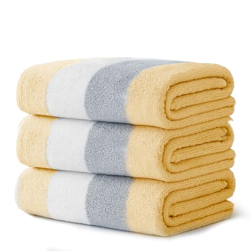Velosso 3 Pack 100% Cotton Striped Multi Supreme Cotton Towels Hand Bath Towel, Quick-Dry, Soft Absorbent, Striped Design Hotel Spa, Fade Resistant (Ochre, Bath Towels)