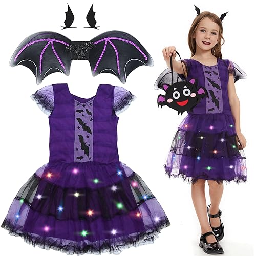 Ulikey Fantasia de morcego para menina, vestido morcego de Halloween com forro de saia LED, asas, sacos de doces e ganchos de cabelo, disfarce de bruxa menina para Halloween carnaval cosplay festa (M)