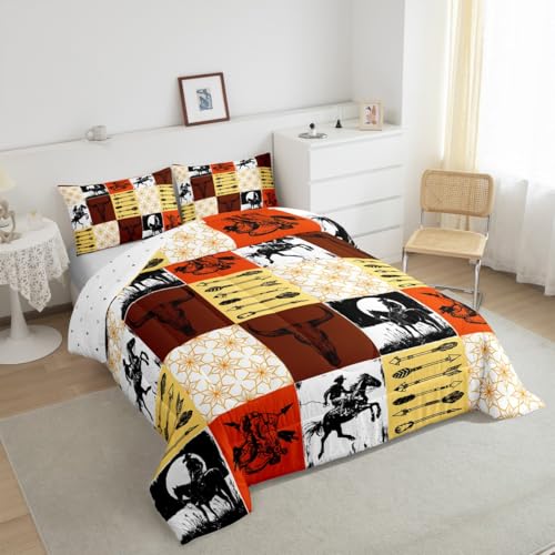 Image of Feelyou Boys Western Bull Skull Bedding Set Kids Teens Boho Cow Longhorn Skullhead Comforter Set Queen Size Bohemian Cowboy Duvet Insert Southwest Country Ranch Room Decor