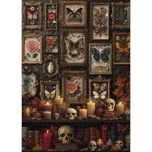 Rompecabezas Vintage Estante para adultos 1000 piezas, Rompecabezas de horror Halloween con calavera, mariposa, planta y flor, rompecabezas estético animal espeluznante misterioso