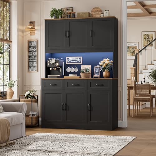 Image of HOSTACK Kitchen Pantry Cabinet, Tall Kitchen Hutch Cabinet, Black /Brown | 47 inchW Food Pantry Cabinet with Smart LED / Charging Station / Countertop / 3 Large Drawers, 72 inchH Storage Hutch for Dining Room
