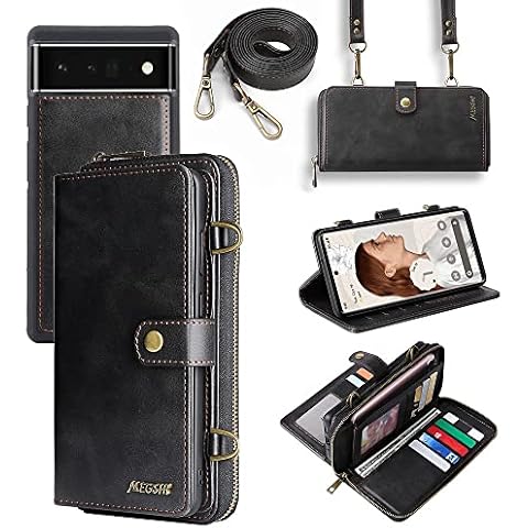 iCover Google Pixel 6A 5G Wallet Case, 2 in 1 Detachable Magnetic Zipper Leather Case with 12 Card Slots, Crossbody Purse Handbag Girls Women Shoulder Strap for 2022 (Black) Cover