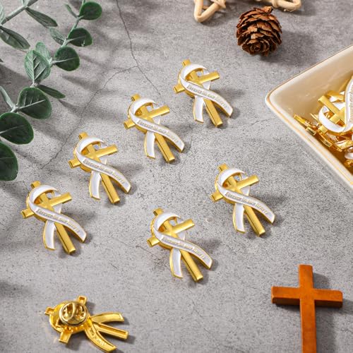 Image of Misdary Funeral Favors for Guests Funeral Memorial Pin Cross Ribbons Forever in Our Hearts Lapel Brooch Pin for Religious Christian Celebration of Life Mourning Remembrance Day
