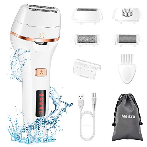 Neitra Afeitadora Electrica Mujer,4 en 1 Afeitadora Femenina,Uso en Seco y Húmedo Maquinilla Impermeable con luz LED,Accesorios de Pedicura Incluidos, Pedicura Pies Profesional