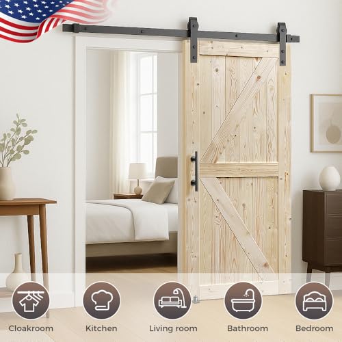 Image of S&Z TOPHAND 20in x 84in Unfinished British Brace Knotty Barn Door with Sliding Door Hardware Kit /Solid Wood /Sliding /Double Surfaces /A Simple Assembly is Required