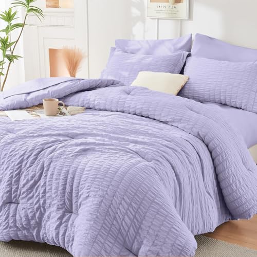 Image of HYMOKEGE Light Purple King Size Comforter Set Seersucker 7 Pieces, All Season Luxury Bed in a Bag for Bedroom, Bedding Set with Comforter, Sheets, Pillowcases & Shams