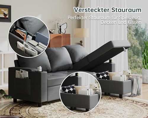 JUMMICO Schlafsofa mit Bettkasten L Form Sofa mit Schlaffunktion 3 Sitzer Couch klein Ecksofa Schlafcouch Ausziehbar Wohnlandschaft für Wohnung und Wohnzimmer Hellgrau